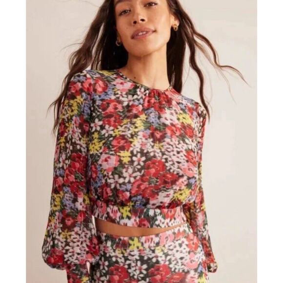 Boden Blouson Sleeve Floral Print Moire Bloom Cropped Top Open Back - Picture 2 of 13